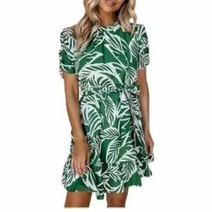 THML Green and White Leaf Pattern Mini Dress